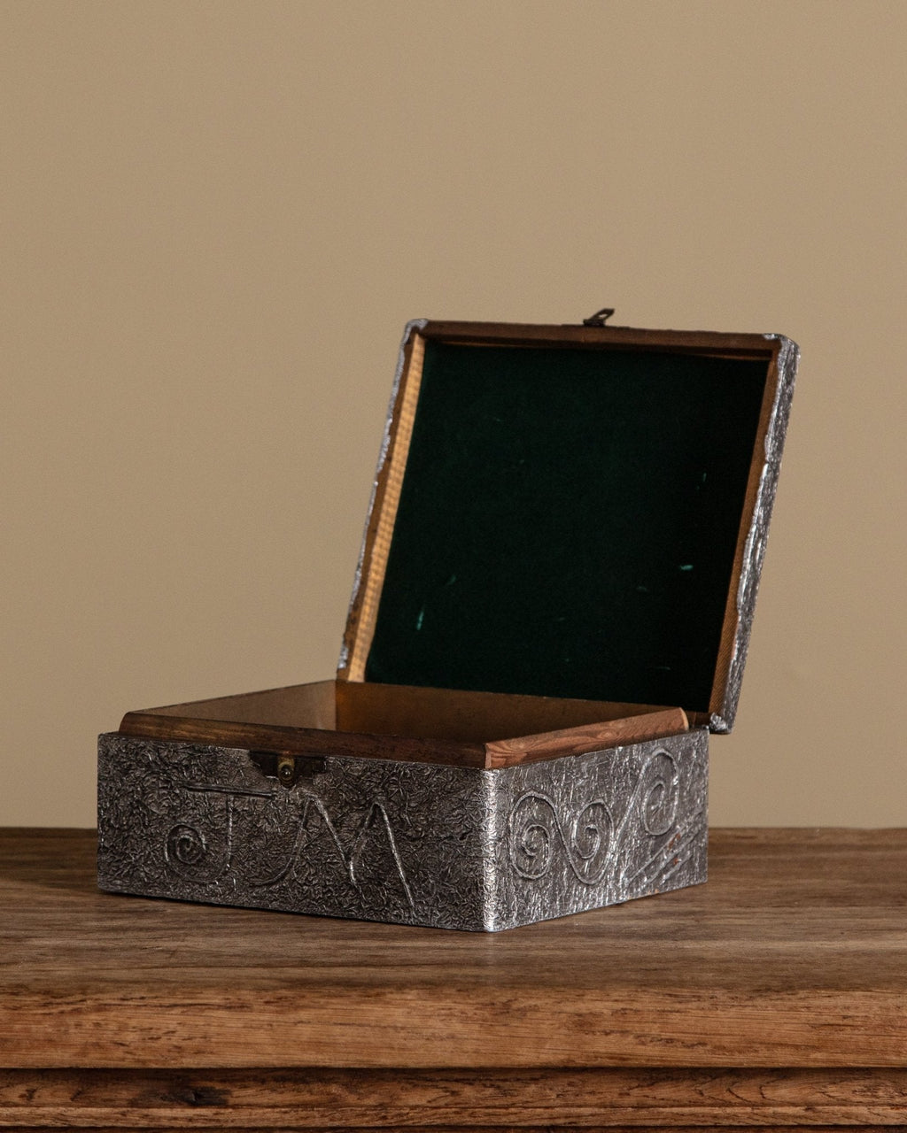 Silver Metallic Wooden Box with Embossed Flower Design