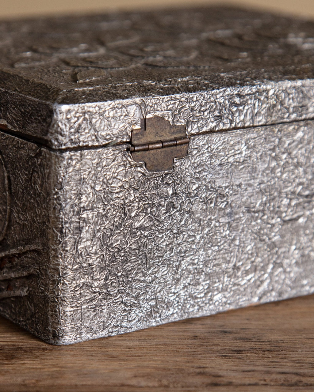 Silver Metallic Wooden Box with Embossed Flower Design