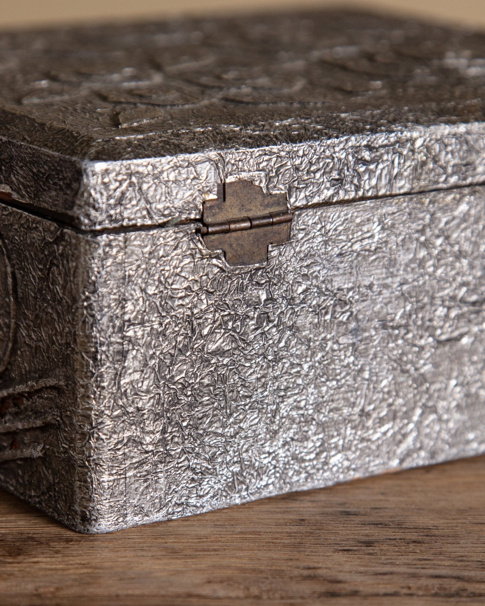 Silver Metallic Wooden Box with Embossed Flower Design