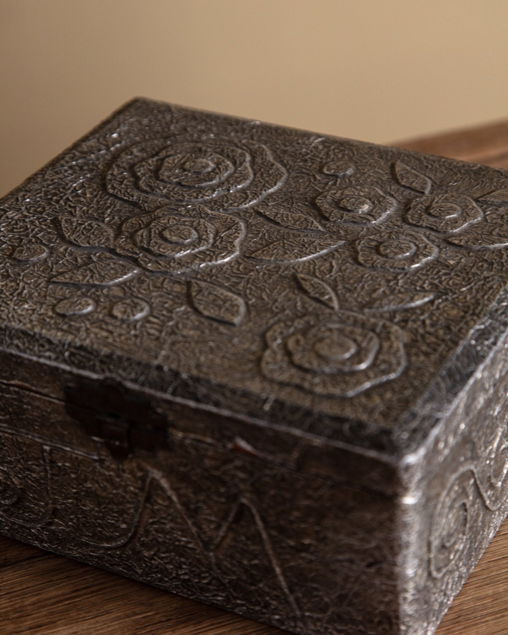 Silver Metallic Wooden Box with Embossed Flower Design