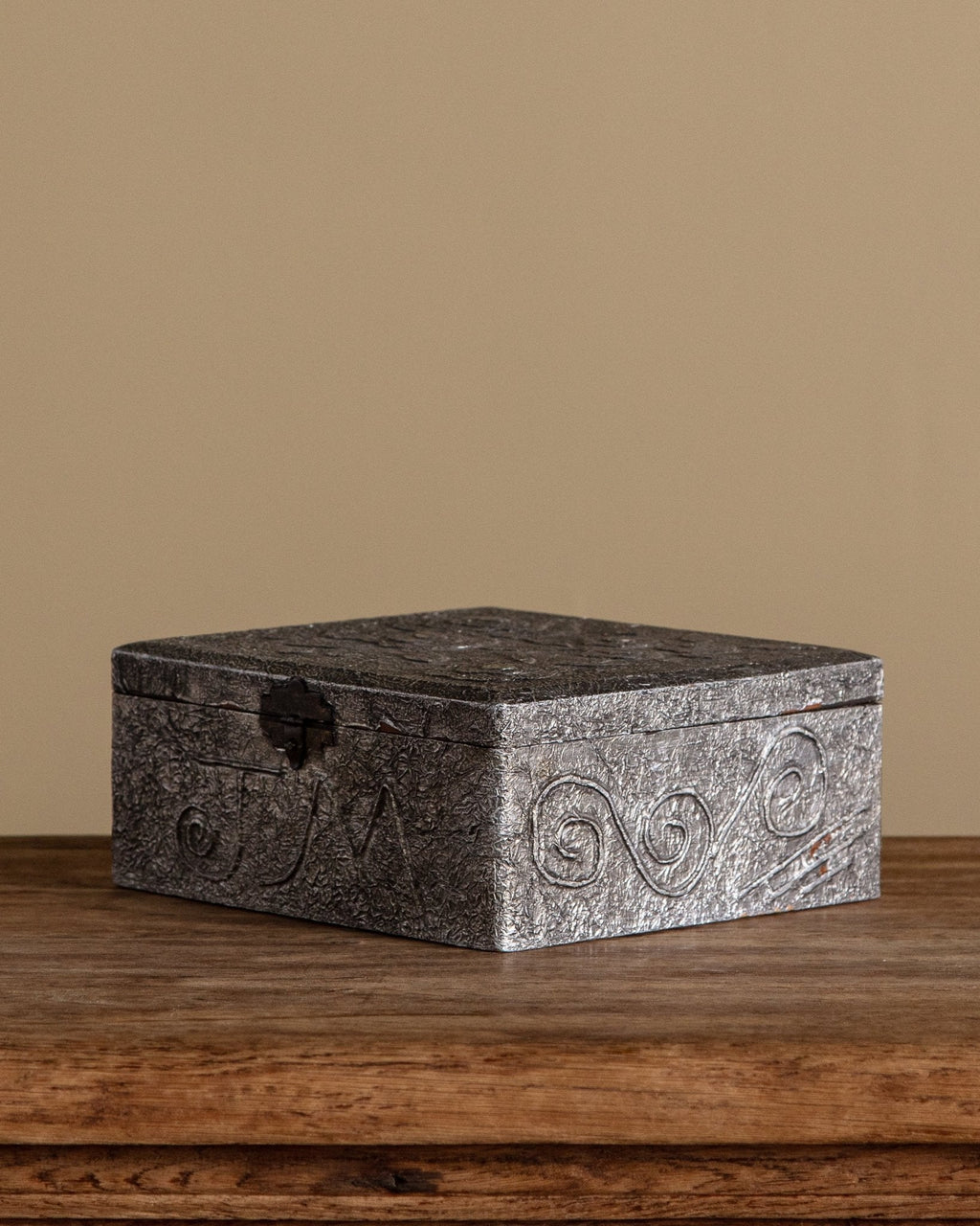 Silver Metallic Wooden Box with Embossed Flower Design