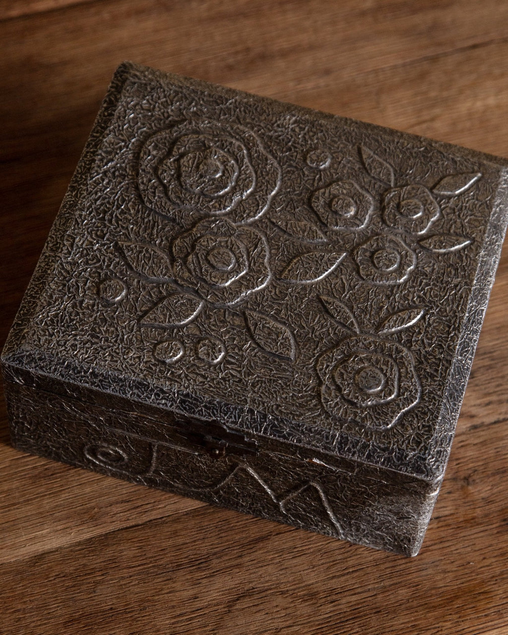 Silver Metallic Wooden Box with Embossed Flower Design