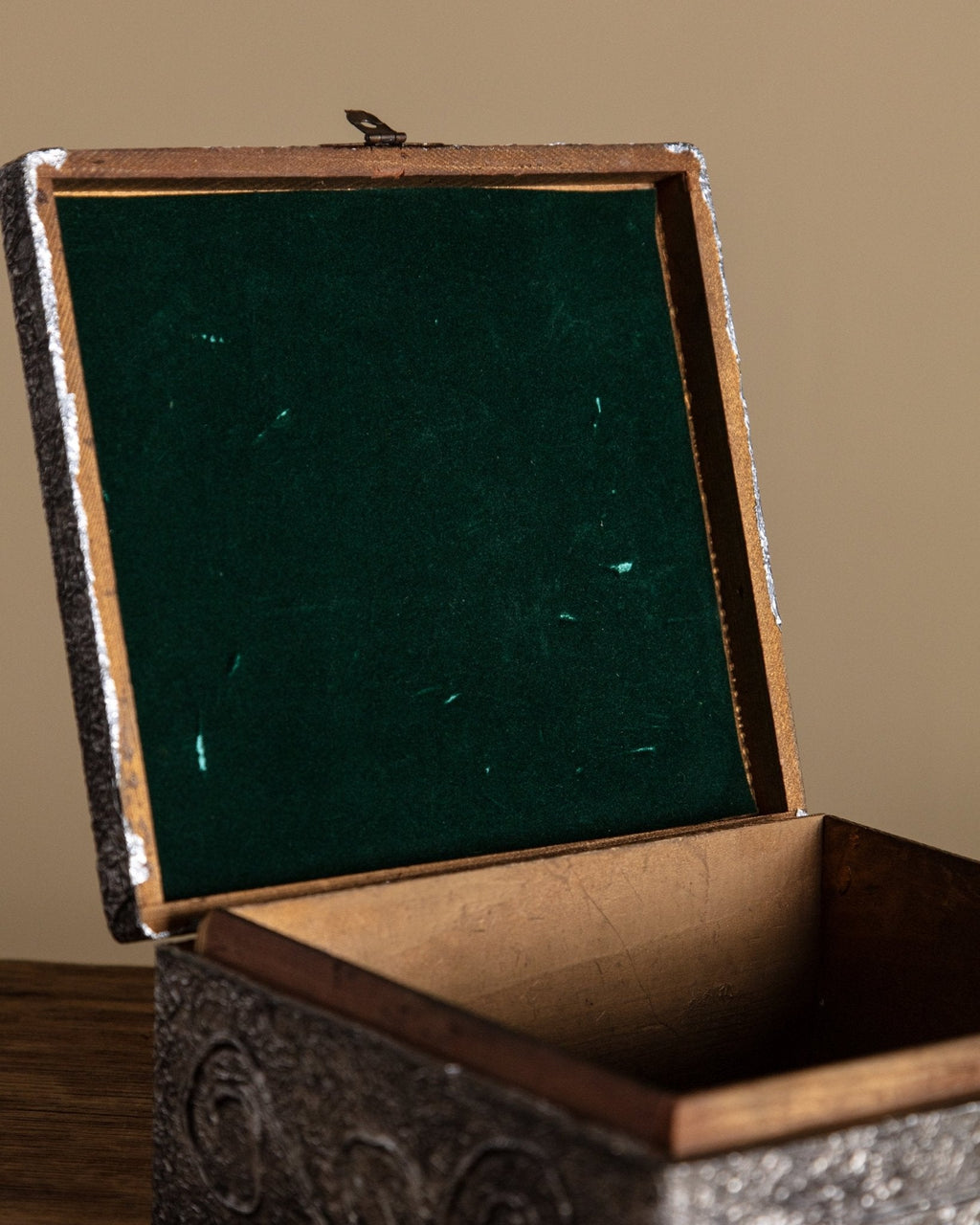 Silver Metallic Wooden Box with Embossed Flower Design
