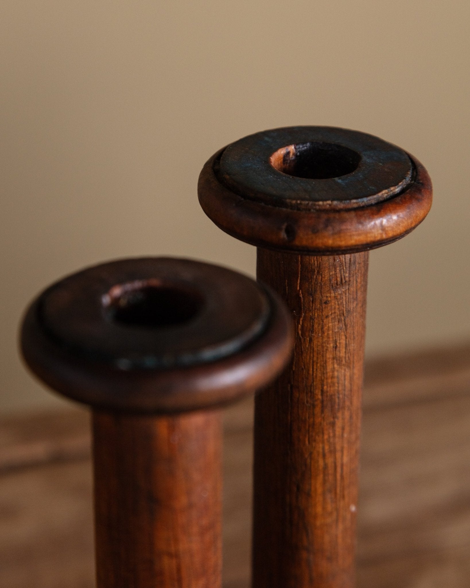 Set of Brass and Wood Bobbin Candle Holders