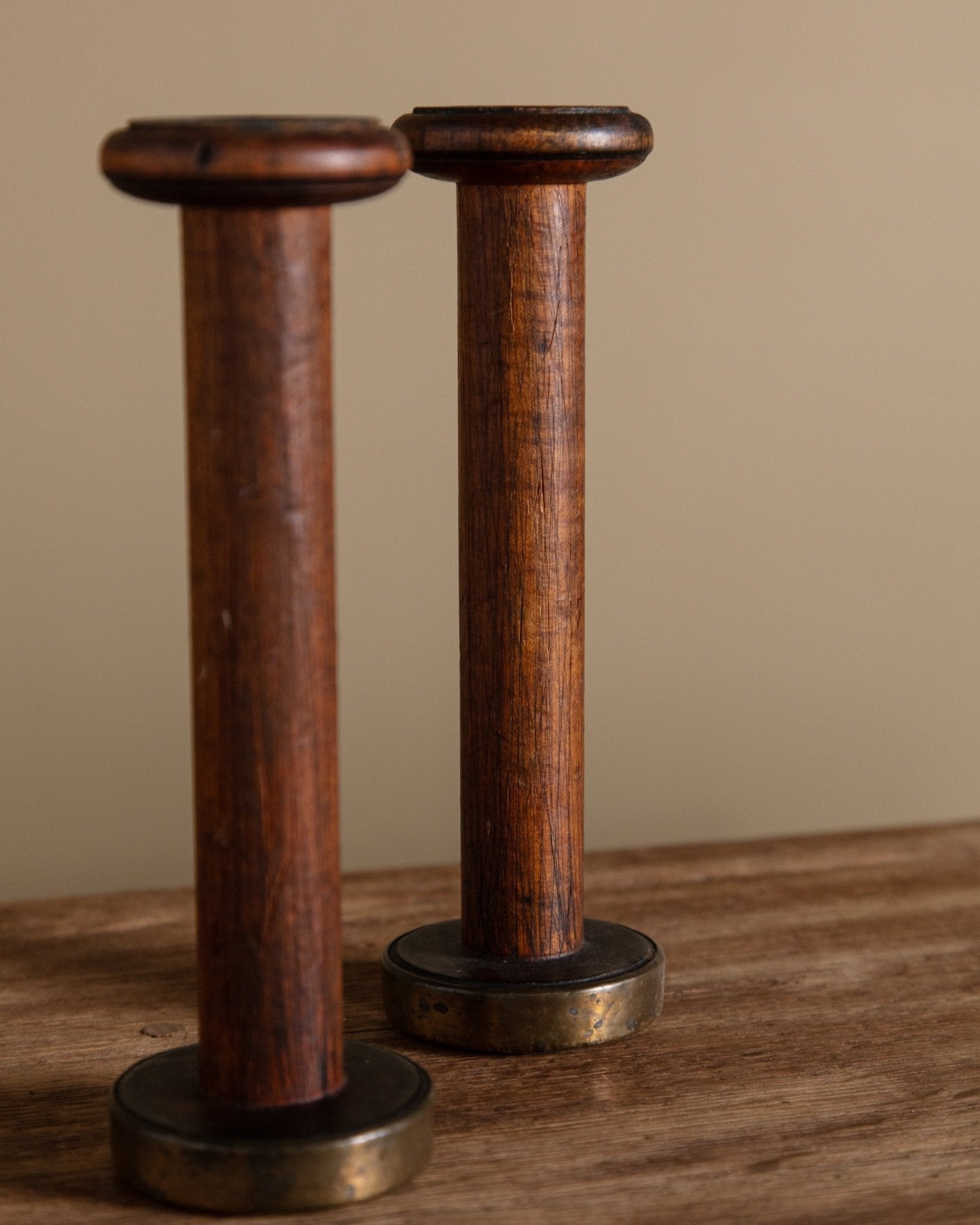 Set of Brass and Wood Bobbin Candle Holders