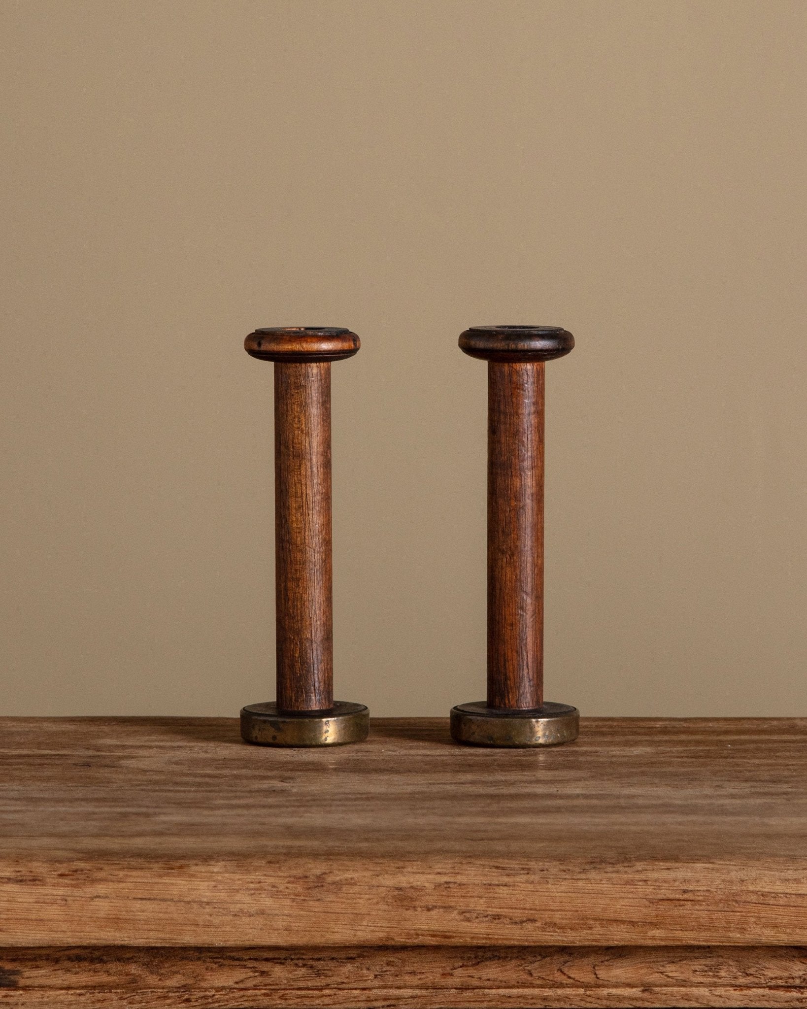 Set of Brass and Wood Bobbin Candle Holders