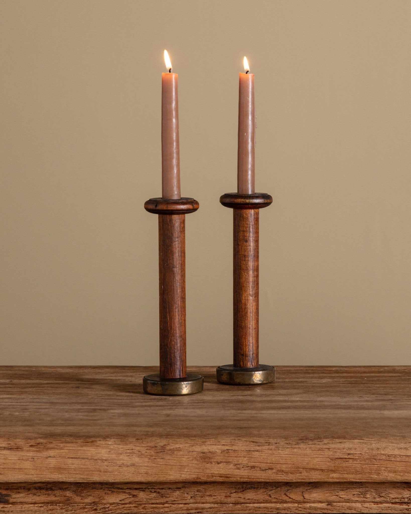 Set of Brass and Wood Bobbin Candle Holders
